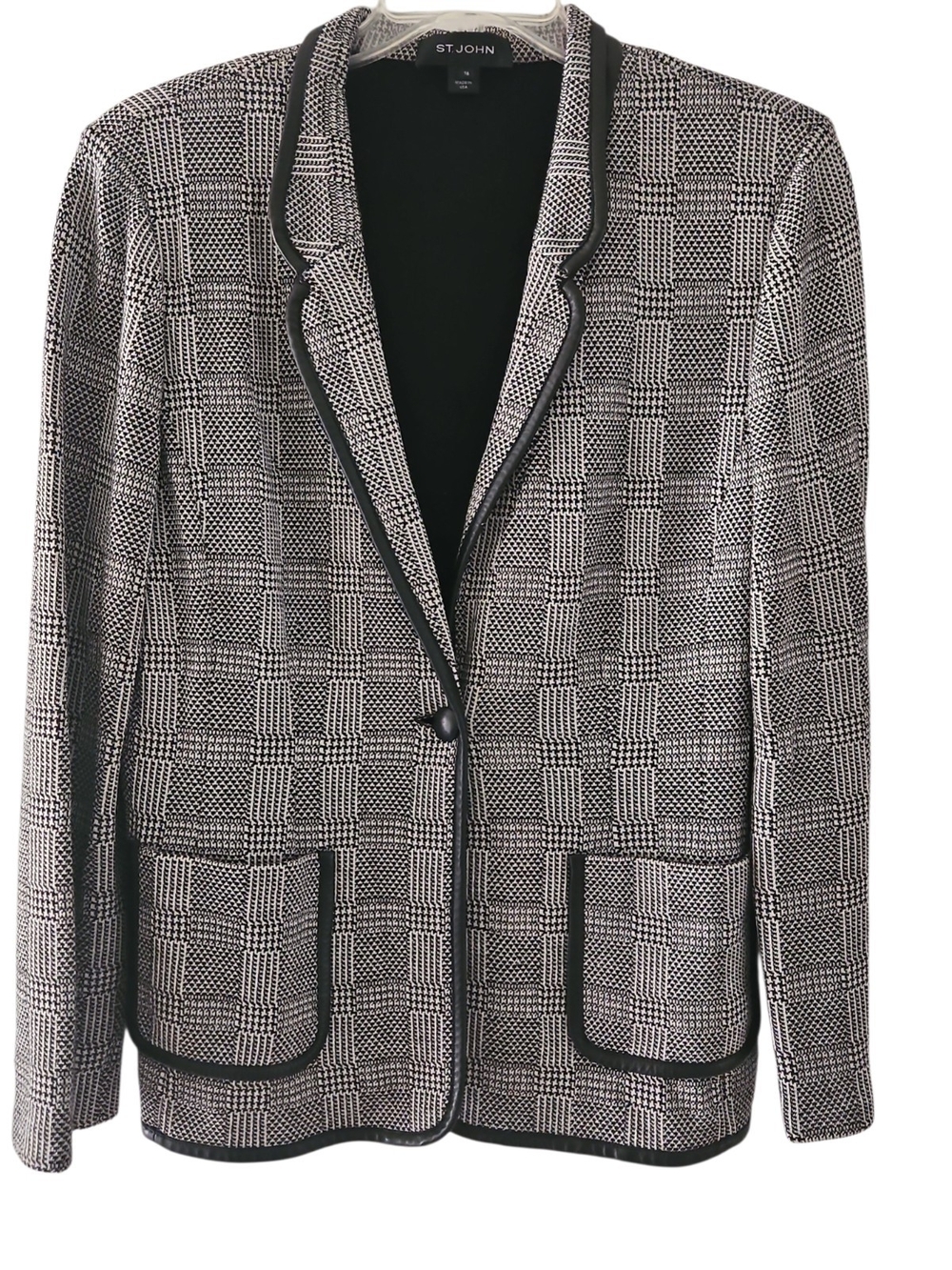 St. John Glen Check Plaid Jacket Size 16 Black Wool Leather Trim